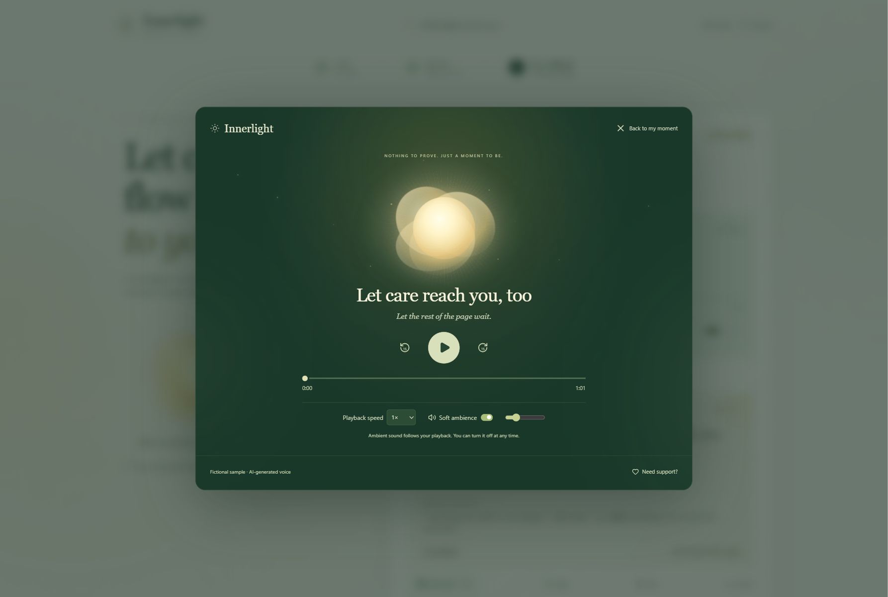 Innerlight's forest-green focus room, with an amber light, the reflection Let care reach you, too, audio playback and optional ambience controls